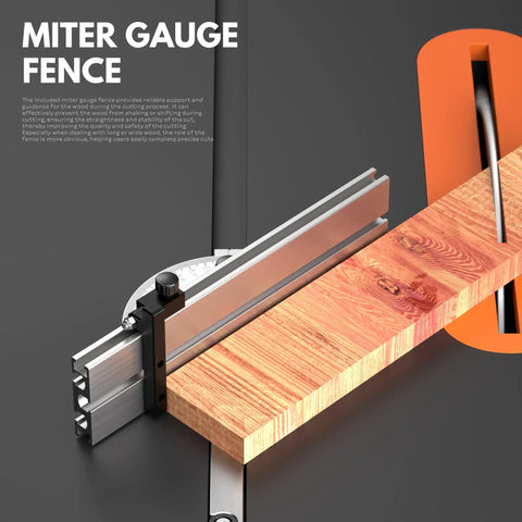 Heavy Duty Precision Miter Gauge For Table Saw With Reliable Miter Fence and Custom T Slot Fit, showcasing miter fence and wood piece.