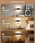 Motion Sensor Wall Light With 5000Mah Battery And Remote Featuring 15 Rgb And Three Warm Modes Dimmable Wireless Sconces showcasing three lighting modes.