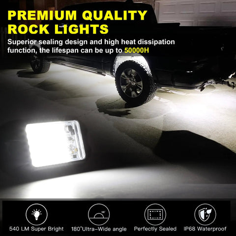 Image showing Four Pod Rock Lights With 72 LEDs 72W High Power Pure White Underglow For Trucks, SUVs, illuminated at night.