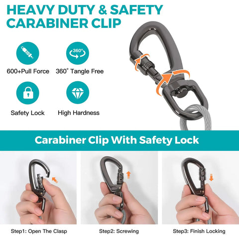 Heavy-duty safety carabiner clip with locking mechanism for Beast Mode Dual Shock Absorbing Dog Trolley System.
