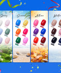 Gel Nail Polish Set With 24 Vivid Colors, 18ml Bottles, showcasing seasonal color palettes for Spring, Summer, Autumn, Winter