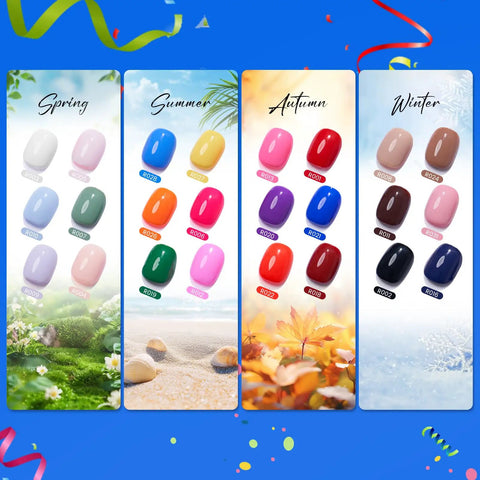 Gel Nail Polish Set With 24 Vivid Colors, 18ml Bottles, showcasing seasonal color palettes for Spring, Summer, Autumn, Winter