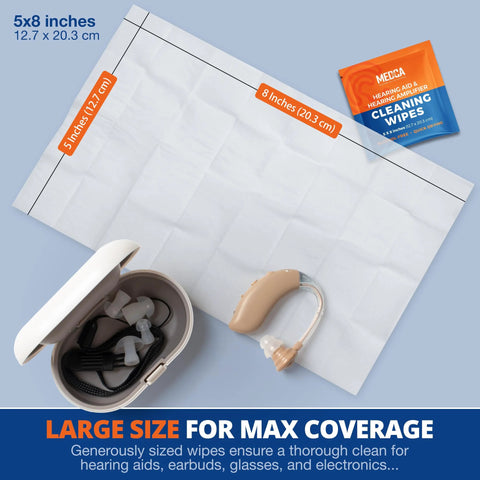 Hearing aid cleaning wipes package with beige behind-the-ear hearing aid and open case on a white 5x8 inch measurement sheet.