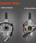 Front and rear view of Carburetor With Air Filter And Fuel Valve Petcock For CRF50F XR50R Z50R Z50A, showing dimensions
