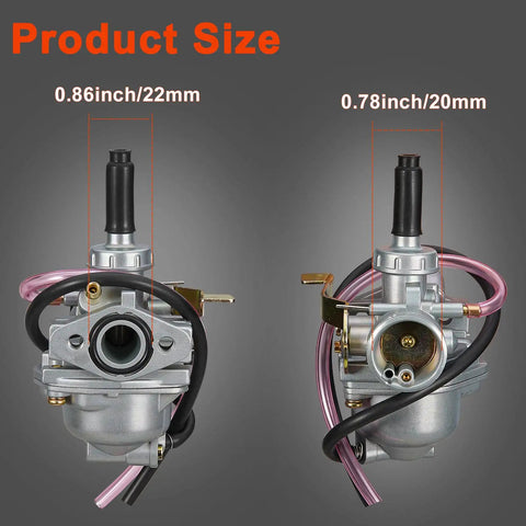 Front and rear view of Carburetor With Air Filter And Fuel Valve Petcock For CRF50F XR50R Z50R Z50A, showing dimensions