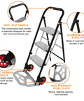 2 In 1 Hand Truck And Step Ladder Foldable Dolly Cart Heavy Duty For Moving Up To 330 Lb Reach High Shelves And Tight Spaces At Home Shop Or Job Site Smooth Rolling Wheels And Solid Stand For Everyday Use. foldable aluminum alloy step ladder with rubber wheels and non-slip handle