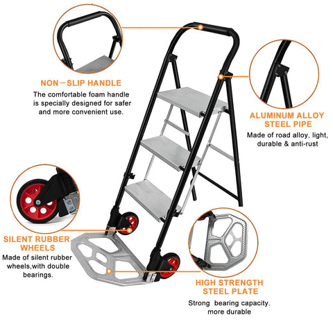 2 In 1 Hand Truck And Step Ladder Foldable Dolly Cart Heavy Duty For Moving Up To 330 Lb Reach High Shelves And Tight Spaces At Home Shop Or Job Site Smooth Rolling Wheels And Solid Stand For Everyday Use. foldable aluminum alloy step ladder with rubber wheels and non-slip handle