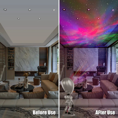 Before and after using Talking Night Light Star Projector Galaxy Projector For Bedroom With Aliens Repeat Function 8 Color Sleep Light