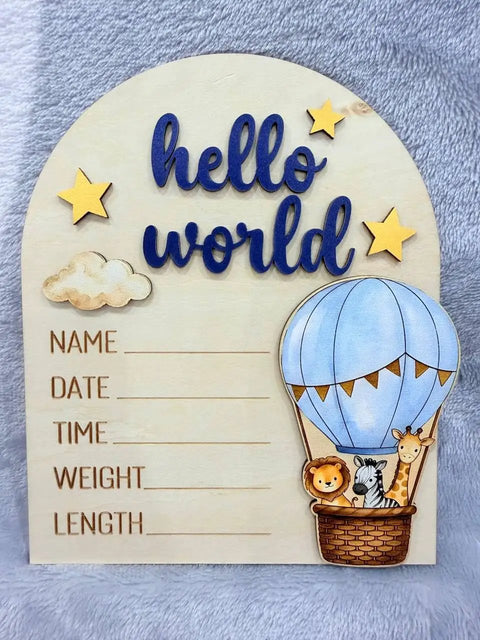 Hot Air Balloon Arch Birth Announcement Sign With 3D Hello World Text And Safari Animal Passengers Baby Name Plaque For Hospital Nursery Wall Decor Newborn Photo Prop Keepsake Gift For Boy Or Girl, showing star accents and name fields.