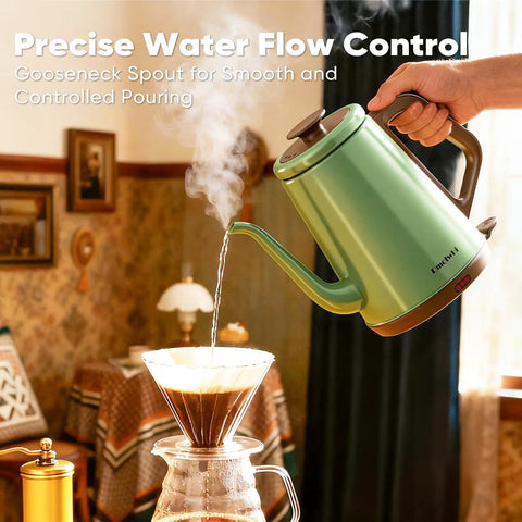Gooseneck Electric Kettle 1L for Precise Pour Over Coffee and Tea Stainless Steel BPA Free Green Finish Ergonomic Handle