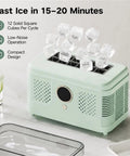 Sleek Countertop Ice Maker With Zero Sweat One Touch Operation And Smooth Self Cleaning Design Blazing Fast Cube Production For Weekend Hangouts Home Bars Or Office Chill Areas Ultra Compact displaying ice cubes being produced.