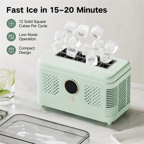 Sleek Countertop Ice Maker With Zero Sweat One Touch Operation And Smooth Self Cleaning Design Blazing Fast Cube Production For Weekend Hangouts Home Bars Or Office Chill Areas Ultra Compact displaying ice cubes being produced.