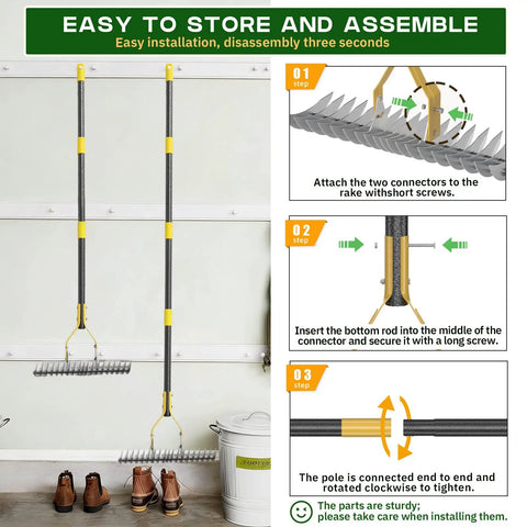 Heavy Duty No Nonsense Dethatcher Rake With 19 Tines Adjustable 40 To 70 Inch Handle Metal Lawn Rake assembly instructions