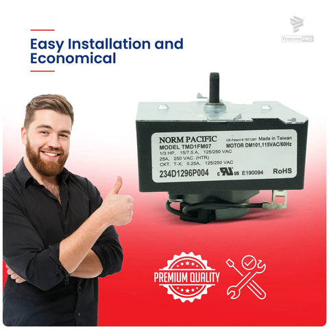 GE Dryer WE4M532 Timer Replacement Part in packaging, showing premium quality badge, man suggesting easy installation, on red background.