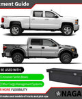 No Sweat Truck Tool Box Mounting Kit With Easy No Drill Setup and Heavy Duty J Hook Crossover Clamps shown with fitment guide.