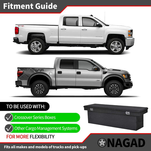 No Sweat Truck Tool Box Mounting Kit With Easy No Drill Setup and Heavy Duty J Hook Crossover Clamps shown with fitment guide.