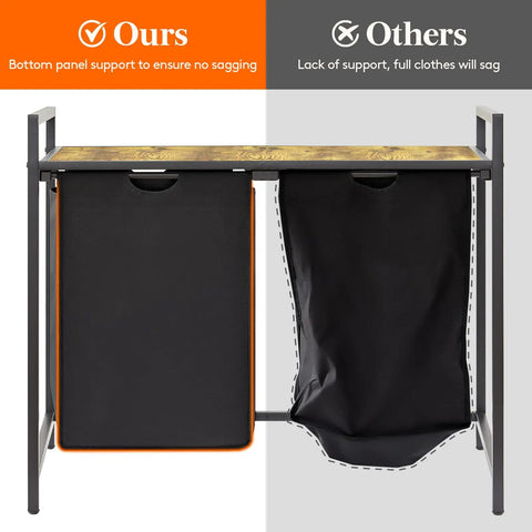 Comparison of 95L Double Section Laundry Hamper With Easy Pullout Compartments, large top shelf showing sturdy support vs. sagging bag