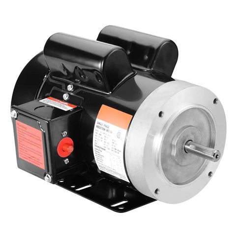 Side view of Industrial Grade 1.5HP Electric Motor 1725 RPM Dual Voltage 115V 230V 56C Frame Air Compressor Motor Single Phase With Five Eighths Inch Keyed Shaft And CW CCW Rotation For Agricultural Machinery And General Equipment.
