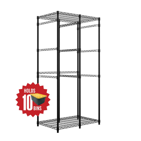 Heavy Duty Five Tier Steel Storage Rack With Ten Twelve Gallon Totes Black Clutter Buster Floor Saver Organizer For Garage Home Game Changer Setup For Everyday Use