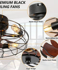 21 Inch Caged Low Profile Ceiling Fan With Light Flush Mount showing matte black finish and retro edison bulbs