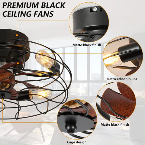 21 Inch Caged Low Profile Ceiling Fan With Light Flush Mount showing matte black finish and retro edison bulbs