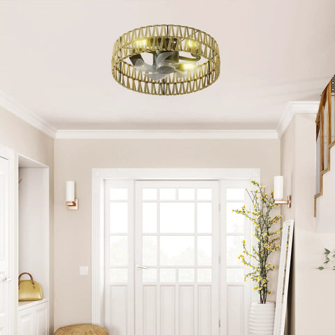5 Pc Blades Ceiling Fan with Remote Control, Low Profile Flush Mount in a stylish living room setting with light features.
