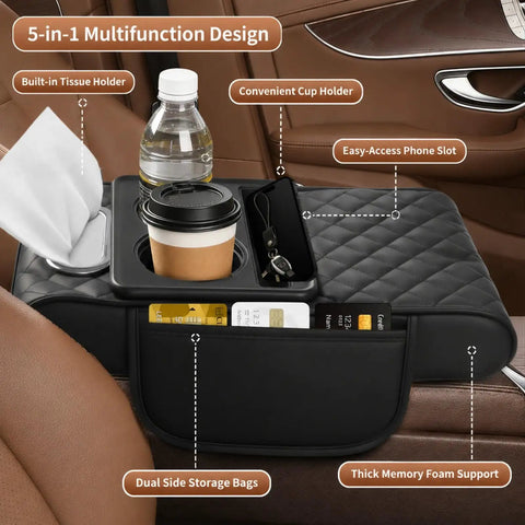5-In-1 Universal Car Center Console Cover With Cup Holder And Armrest Upgrade Cushion, Side Storage Pad, Phone Slot, Tissue Holder