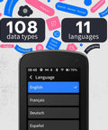 Phone screen displaying language options with 108 data types and 11 languages text above, related to GPS bike computer features.