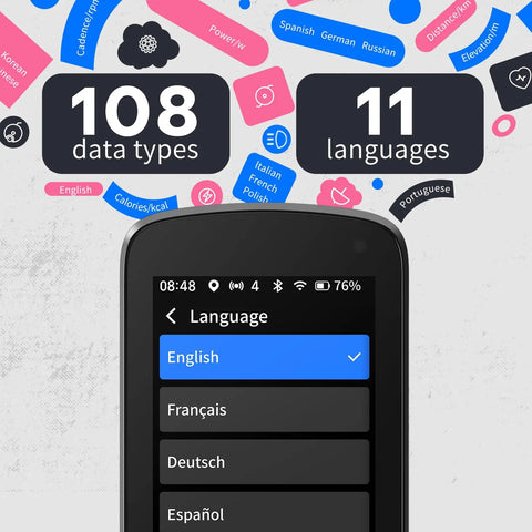Phone screen displaying language options with 108 data types and 11 languages text above, related to GPS bike computer features.
