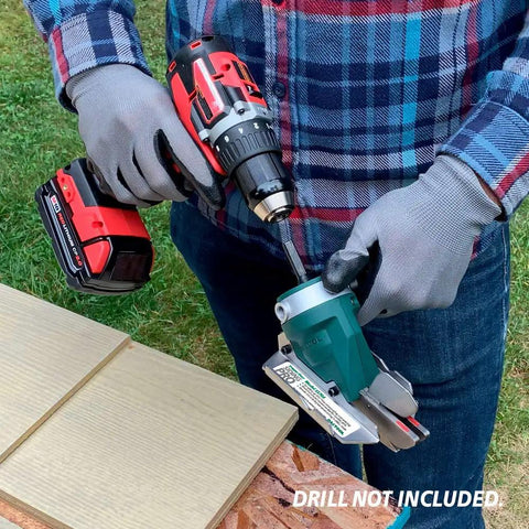 Worker using Snapper Shear Siding Pro Cordless Drill Attachment For Fiber Cement Siding Up To Five Sixteenth Inch Clean Quiet Cuts
