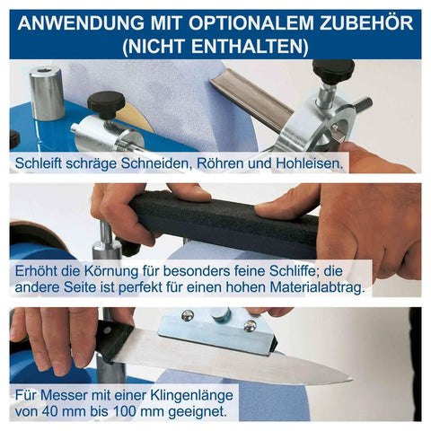 Heavy Duty Wet Bench Grinder With Water Cooled 250 Mm Corundum Whetstone And Leather Honing Wheel Engineered For Quick Blade Sharpening And Shop Ready Work showing optional accessory use for sharpening.