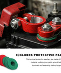 Heavy Duty Aluminum Battery Terminal Connectors Two Piece Set With Anti Corrosion Washers and Color Coded Top Post Clamps installed on a car battery.