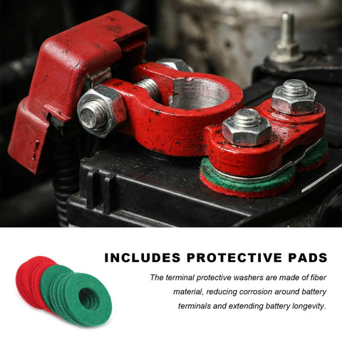 Heavy Duty Aluminum Battery Terminal Connectors Two Piece Set With Anti Corrosion Washers and Color Coded Top Post Clamps installed on a car battery.