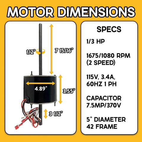 RV Air Conditioner Fan Condenser Motor Plug And Play Direct Replacement One Third HP 1675 1080 RPM dimensions and specs