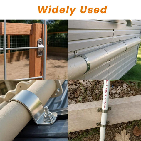 Workhorse Six Pack 3 Inch Thickened 304 Stainless Steel U Clip Pipe Brackets on fence, pipe, and wood surfaces.