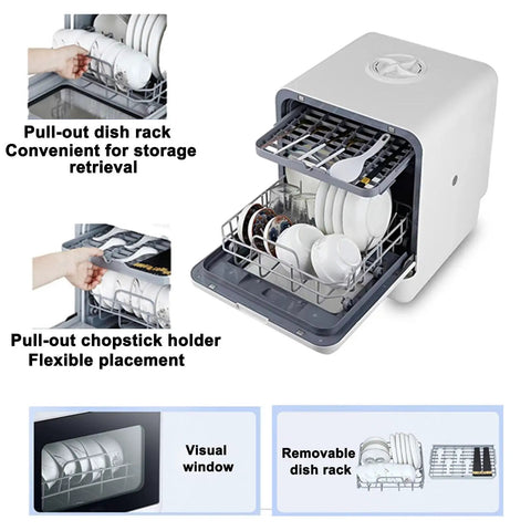 Slick Portable Countertop Dishwasher Featuring 5L Self Contained Tank And Three Automatic Wash Cycles With Rapid Air Dry showing pull-out dish rack and chopstick holder.
