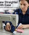 Person using magnetic sewing machine seam guide 4 in 1 edge guide with built in seam ripper and ruler for cuffs plackets topstitching