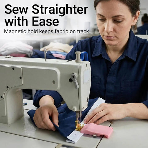 Person using magnetic sewing machine seam guide 4 in 1 edge guide with built in seam ripper and ruler for cuffs plackets topstitching