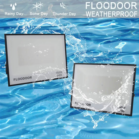 Two 150W LED Flood Light Outdoor 15000 Lumens Crazy Bright Security Lights IP66 Waterproof displayed against a water background