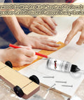 Person assembling Pinewood Derby Axles And Graphite Lubricant Kit with car block, axles, and graphite powder on wooden surface.