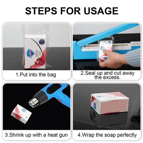 Steps for using Top Shelf 4X6 Inch POF Heat Shrink Wrap Bags 200 Pack 100 Gauge Crystal Clear Film for sealing items.