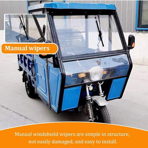 Ride-Ready Electric Cargo Tricycle Canopy With Heavy-Duty Three-Wheel Cover, Manual Wipers And Side Doors, All-Season Tarpaulin For Trikes And Electric Cargo Bikes, Weatherproof Gray 100cm, blue trike front view