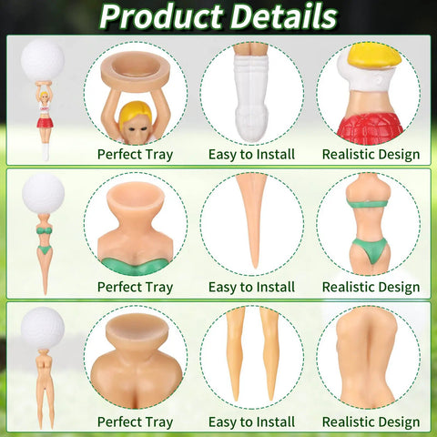 12 Piece Colorful Plastic Golf Tees Set, Funny Bikini Style Tees For Men And Women, product details and styles displayed.