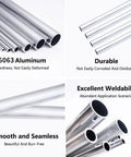 12 Inch Aluminum Round Tubes Three Quarters Inch Outer Diameter 19mm Seamless Hollow Tubing 6063 T5 Aluminum Straight Pipe With One Point Five Millimeter Wall Thickness Four Pack For DIY Builds displayed in various angles with durability and weldability features highlighted.