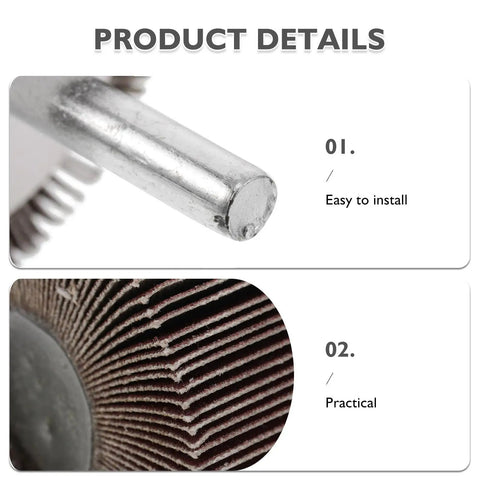 Heavy Duty 12 Pieces Flap Wheel Sanding Bits With Cylindrical Brown Metallic Design For Drill Press And Die Grinder Polisher close-up of installation details.