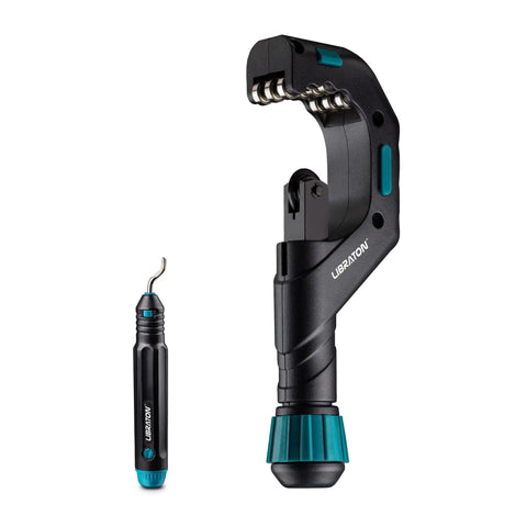 Copper Tube Cutter 1/4 To 2 3/4 Inch Pro Grade Heavy Duty Tubing Cutter With Deburring Tool, black metal with blue accents