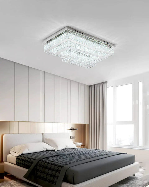 Modern Crystal Ceiling Light Chandelier With LED Fixture For Bedroom Living Room Dining Room Kitchen Rectangular 13.8 Inch White Dimmable