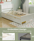 Solid Wood Twin Platform Bed With Two Smooth Rolling Storage Drawers And A Clean White Headboard showing embedded design to prevent mattress sliding.