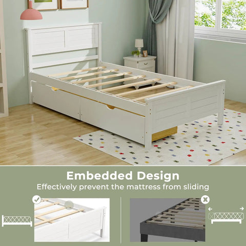 Solid Wood Twin Platform Bed With Two Smooth Rolling Storage Drawers And A Clean White Headboard showing embedded design to prevent mattress sliding.
