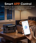 Game Changing Portable Power Station With 2016Wh LiFePo4 Battery And 500 Watt Solar Panel 3600 Watts Output Fast Charge Solar Generator For Home Backup Weekend Warrior Rigs app control screen with power station on wooden table, cozy living room setting.